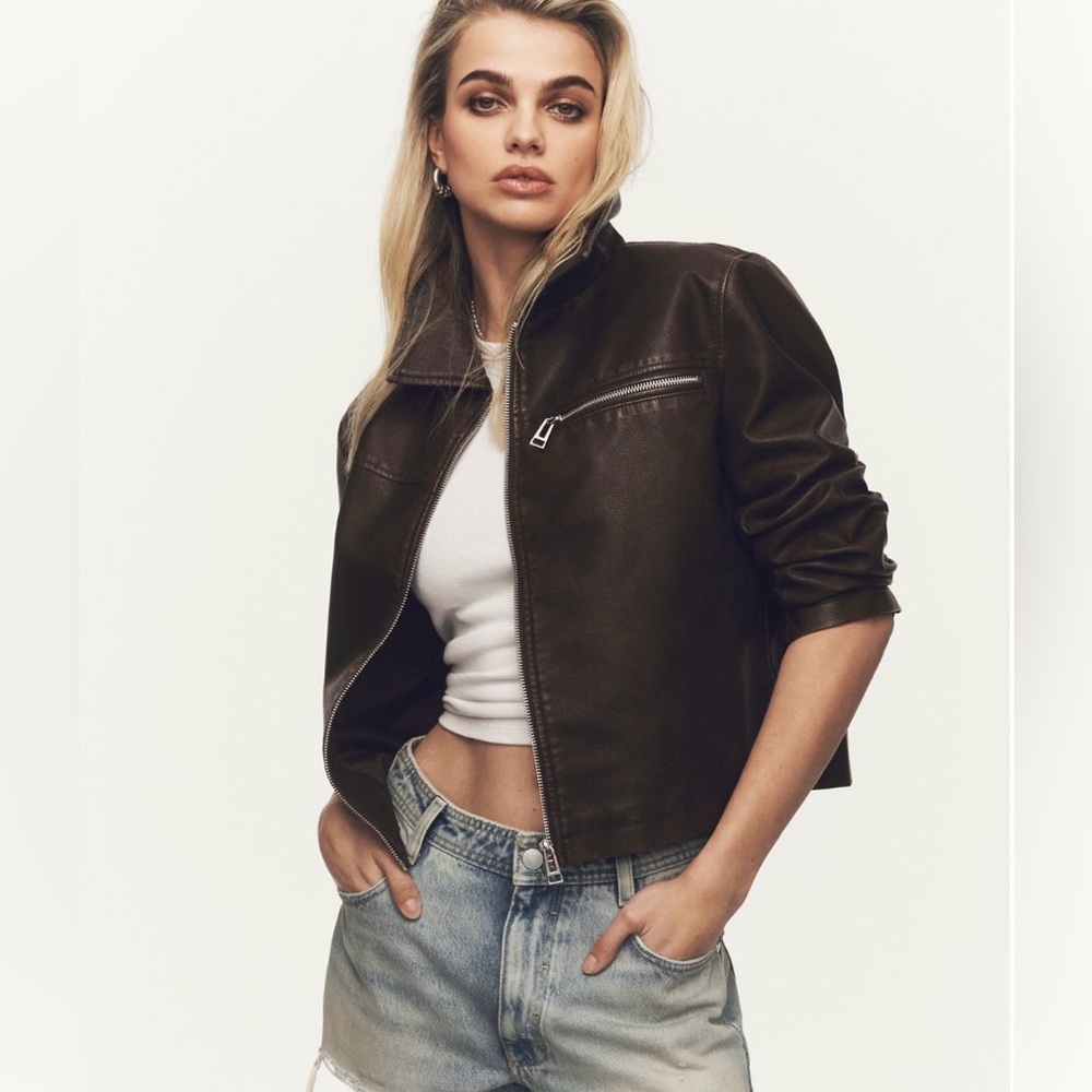 NWT Pilcro Washed Faux-Leather Cropped Moto Jacket